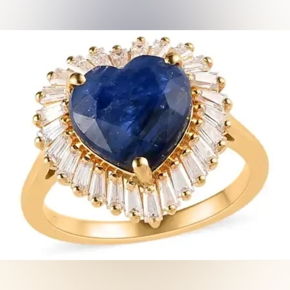 Kashmir Kyanite Heart and Moissanite Halo Ring with Baguette Moissanite